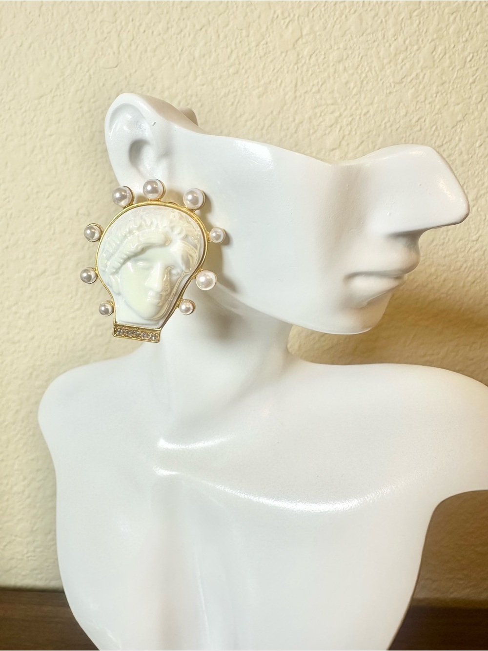 Gold and Cream Cameo Statement Earrings with Pearls